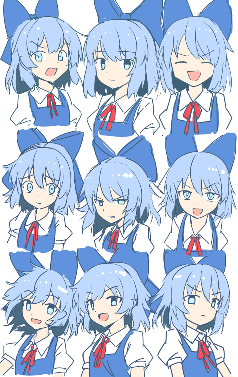 1girl angry bangs blue_bow blue_dress blue_eyes blue_hair bow bowtie cirno closed_eyes closed_mouth collar collared_shirt dress e.o. eyebrows_visible_through_hair eyes_visible_through_hair hair_between_eyes happy highres looking_at_viewer looking_to_the_side looking_up no_wings open_mouth puffy_short_sleeves puffy_sleeves red_bow red_bowtie serious shirt short_hair short_sleeves simple_background sketch smile smug solo surprised touhou upper_body white_background white_shirt white_sleeves