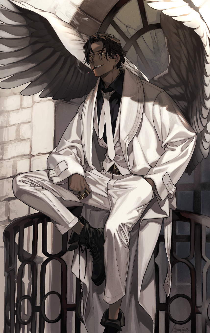 1boy angel angel_wings ankle_boots arch balcony black_footwear black_hair black_shirt boots cigar coat collared_shirt cracked_glass cross-laced_footwear dark-skinned_male dark_skin day earrings feet_out_of_frame formal grin hair_over_one_eye hair_strand hand_in_pocket highres holding jacket jewelry knee_up komiya_kuniharu long_sleeves looking_at_viewer male_focus mole mole_under_mouth necktie original pants railing shade shirt sitting_on_railing smile smoke smoking solo stud_earrings suit teeth_hold untied white_coat white_jacket white_necktie white_pants white_wings wings yellow_eyes