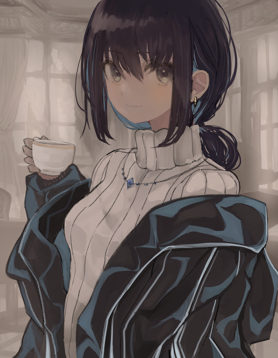 1girl bangs black_hair black_jacket blue_hair blush brown_eyes closed_mouth commentary_request cup curtains earrings eyebrows_visible_through_hair hair_between_eyes hand_up highres hinomaru_(futagun) holding holding_cup indoors jacket jewelry long_hair long_sleeves looking_at_viewer low_ponytail multicolored_hair off_shoulder open_clothes open_jacket original ponytail ribbed_sweater sleeves_past_wrists smile solo sweater turtleneck turtleneck_sweater two-tone_hair white_sweater window