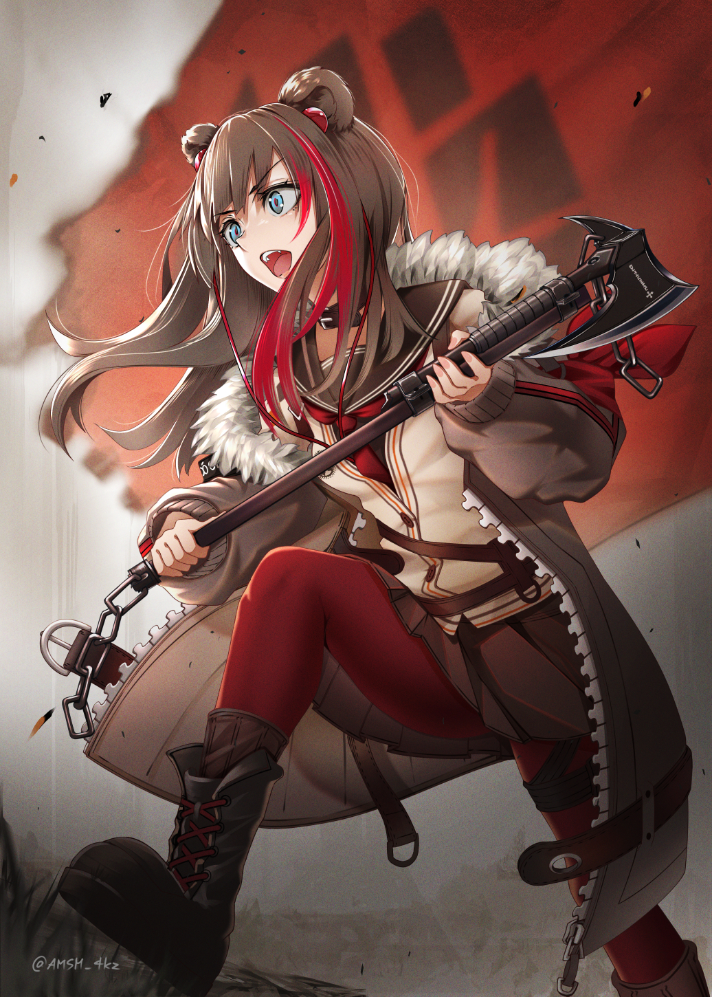 1girl animal_ears arknights ashes axe bangs bear_ears belt belt_buckle black_skirt blue_eyes blurry blurry_background boots brown_hair buckle chain choker coat commentary_request eyebrows_visible_through_hair eyes_visible_through_hair fangs flag full_body fur_trim highres holding holding_axe holding_weapon long_hair long_sleeves miniskirt neckerchief open_mouth pantyhose pleated_skirt red_legwear red_neckerchief redhead sailor_collar school_uniform signature skirt smile solo stepping translucent_hair walking weapon yokaze_(yokajie) zima_(arknights)