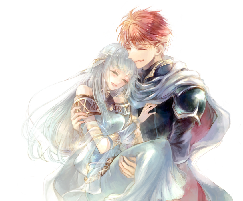 1boy 1girl armor bare_shoulders blue_cape blue_dress blue_hair blue_shirt cape carrying closed_eyes dress eliwood_(fire_emblem) fire_emblem fire_emblem:_the_blazing_blade kuzumosu ninian_(fire_emblem) princess_carry red_cape redhead shirt shoulder_armor smile two-tone_cape