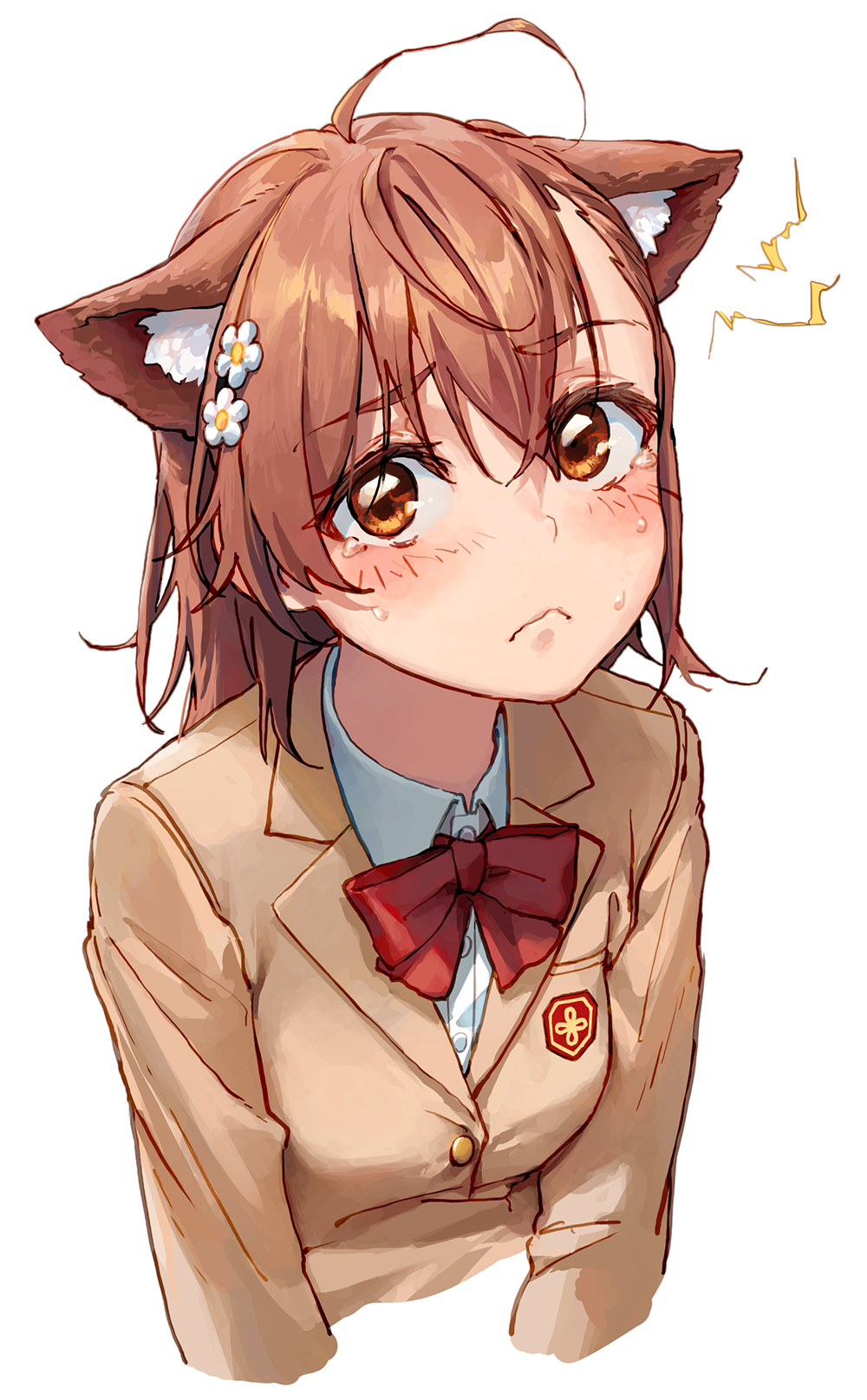 1girl animal_ear_fluff animal_ears blazer blush bow bowtie brown_eyes brown_hair brown_jacket cat_ears cropped_arms cropped_torso crying electricity frown highres jacket looking_at_viewer misaka_mikoto nyamunyamu red_bow school_uniform shirt solo symbol-only_commentary toaru_kagaku_no_railgun toaru_majutsu_no_index tokiwadai_school_uniform white_background white_shirt