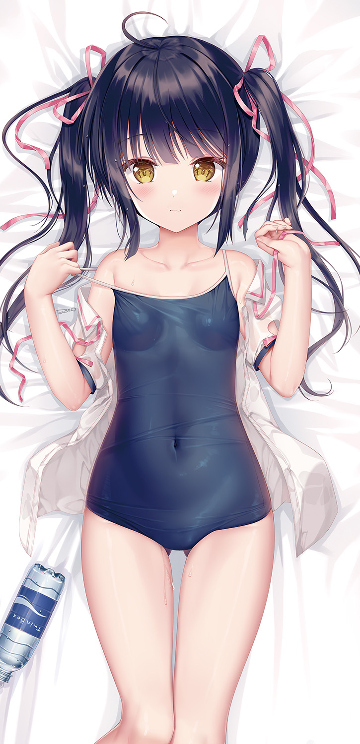 1girl ahoge ass_visible_through_thighs bangs bare_shoulders bed_sheet black_hair black_swimsuit blush bottle brown_eyes closed_mouth collarbone collared_shirt commentary_request dakimakura_(medium) dress_shirt eyebrows_visible_through_hair feet_out_of_frame hair_ribbon hands_up highres looking_at_viewer off_shoulder open_clothes open_shirt original pink_ribbon puffy_short_sleeves puffy_sleeves pulled_by_self ribbon shirt short_sleeves smile solo sousouman strap_pull swimsuit thigh_gap twintails water_bottle white_shirt