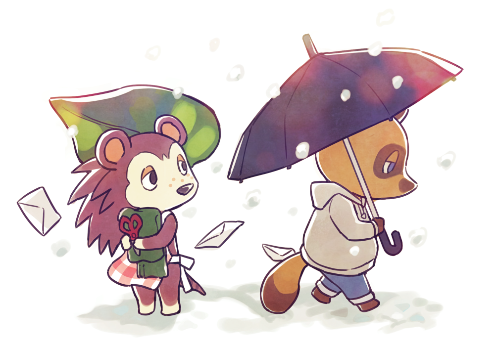 1boy 1girl animal_crossing animal_nose apron bare_shoulders barefoot black_eyes blue_eyes blue_pants body_fur brown_fur brown_hair commentary_request day drawstring envelope freckles furry furry_female furry_male green_scarf half-closed_eyes hand_up holding holding_clothes holding_scarf holding_scissors holding_umbrella hood hoodie leaf_umbrella letter long_hair looking_at_another looking_to_the_side outdoors pants plaid plaid_apron red_apron sable_able_(animal_crossing) scarf scissors shijima_(4jima) simple_background snout snow snowing spiky_hair sweater tom_nook_(animal_crossing) two-tone_fur umbrella walking white_background white_fur white_hoodie white_sweater