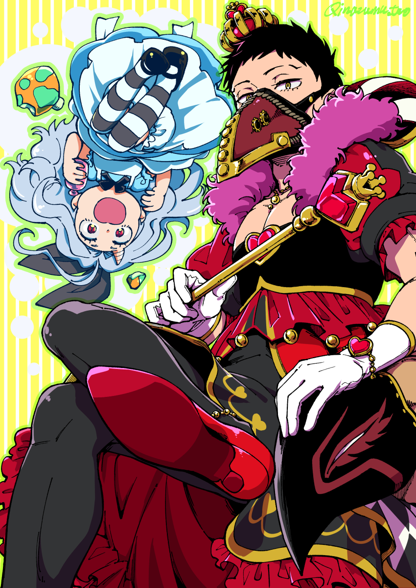 1girl 2boys alternate_costume artist_name black_hair black_legwear blue_dress boku_no_hero_academia bottle bracelet clenched_hands crossdressing crown dress eri_(boku_no_hero_academia) feather_trim floating frilled_dress frills gloves grey_hair hand_on_another's_head heart high_heels highres holding holding_bottle holding_wand horns jewelry katsukame_rikiya long_hair looking_at_viewer mask midair mouth_mask multiple_boys mushroom open_mouth overhaul_(boku_no_hero_academia) pectoral_cleavage pectorals plague_doctor_mask puffy_short_sleeves puffy_sleeves red_eyes short_hair short_sleeves single_horn sitting striped striped_legwear thigh-highs tsunao two-tone_background very_short_hair wand white_background yellow_background yellow_eyes