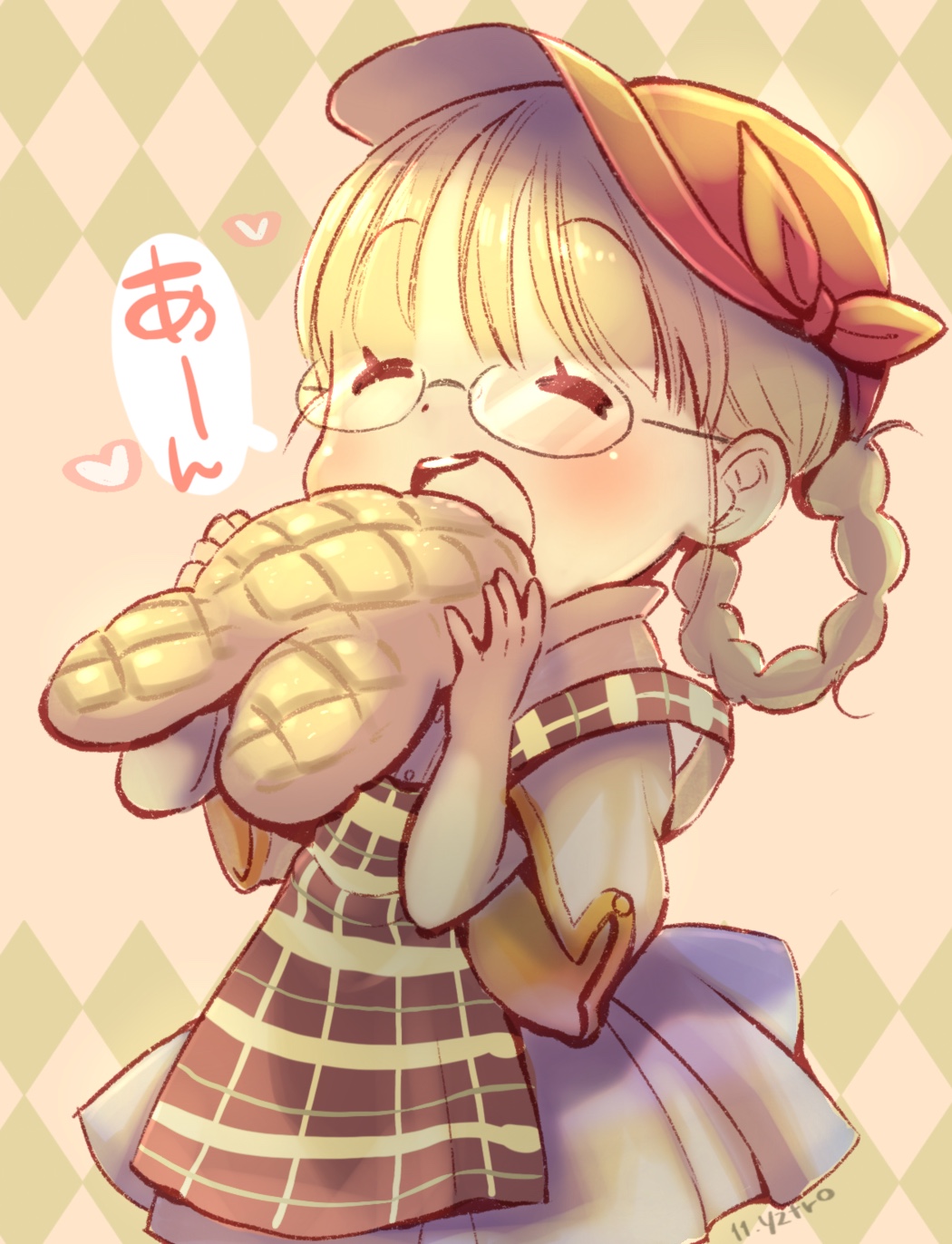 1girl ^_^ apron bangs blonde_hair blunt_bangs blush bread chibi closed_eyes diamond_(shape) dress eating food hair_rings happy hat heart highres holding holding_food made_in_abyss melon_bread open_mouth plaid plaid_apron red_headwear riko_(made_in_abyss) short_sleeves solo speech_bubble toro_astro