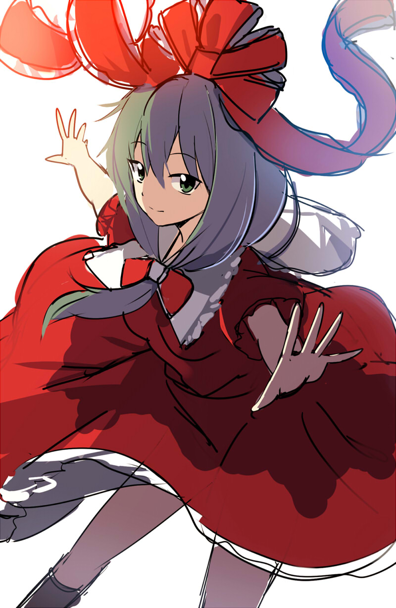 1girl arms_up bangs boots bow brown_dress brown_footwear brown_sleeves closed_mouth collar collared_dress dress e.o. eyebrows_visible_through_hair frills green_eyes green_hair hair_between_eyes hair_bow hands_up highres kagiyama_hina light looking_at_viewer medium_hair puffy_short_sleeves puffy_sleeves red_bow red_dress shadow short_sleeves simple_background smile solo standing touhou white_background