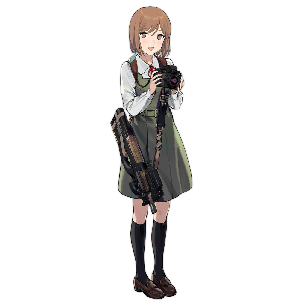 1girl brown_hair bullpup camera dress duoyuanjun girls_frontline green_dress gun gunslinger_girl henrietta_(gunslinger_girl) looking_at_viewer official_art p90 pinafore_dress shirt smiley_face solo submachine_gun thigh-highs transparent_background weapon white_shirt