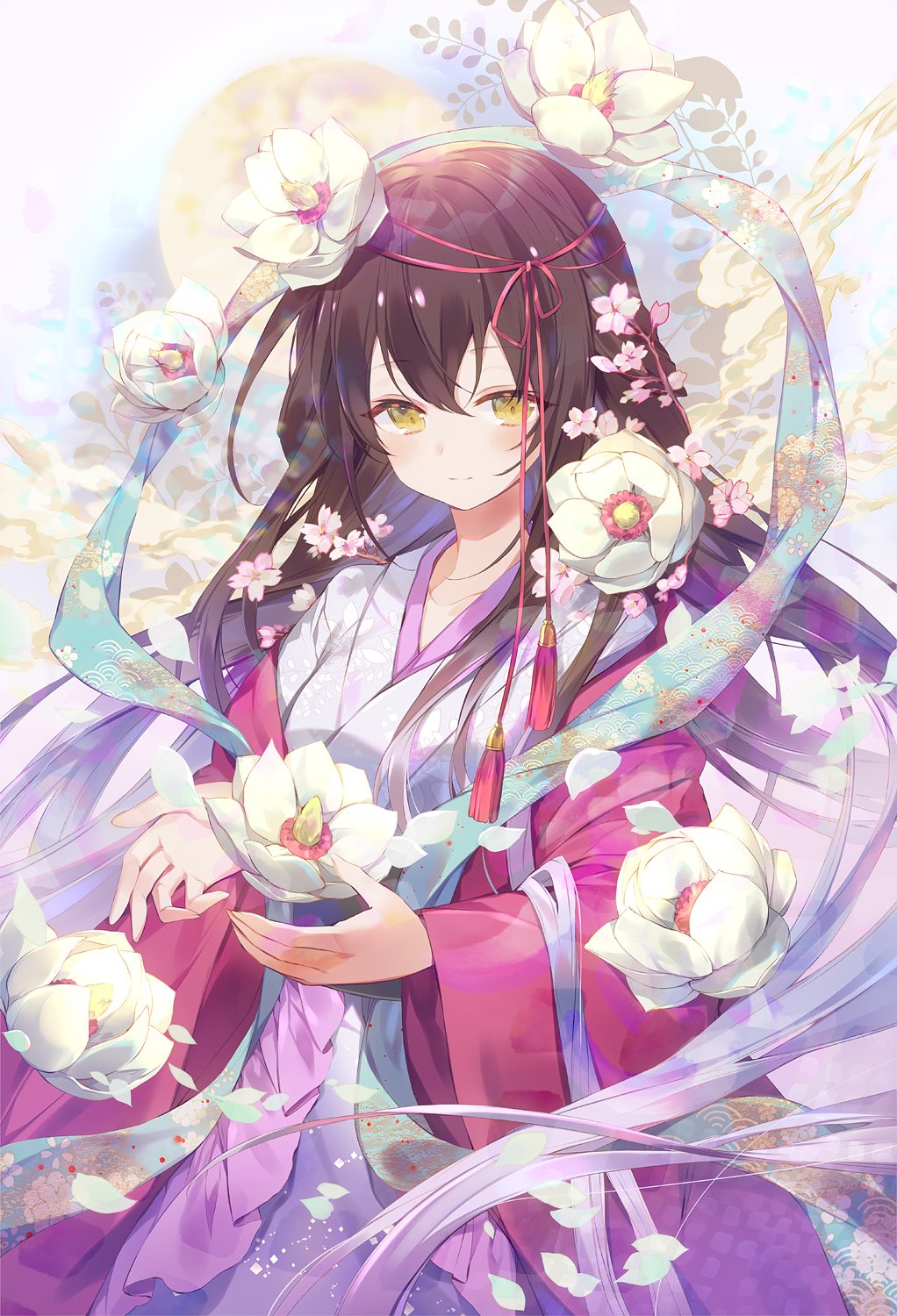 1girl bangs black_hair blush closed_mouth commentary_request copyright_request eyebrows_visible_through_hair floral_print flower grey_kimono hagoromo hair_between_eyes hair_flower hair_ornament highres ibara_riato japanese_clothes kimono long_hair long_sleeves looking_at_viewer official_art open_clothes shawl smile solo very_long_hair white_flower wide_sleeves yellow_eyes