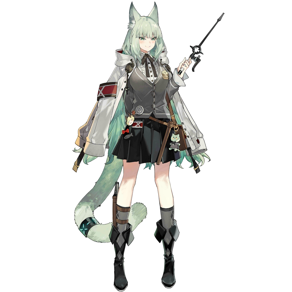 1girl ahmoni_(arknights) animal_ear_fluff animal_ears arknights artist_request bangs black_footwear black_skirt boots cardigan cat_ears cat_tail eyebrows_visible_through_hair full_body green_eyes green_hair grey_cardigan grey_legwear hand_up holding holding_wand infection_monitor_(arknights) jacket jacket_on_shoulders keychain kneehighs long_hair long_sleeves looking_at_viewer miniskirt official_art pleated_skirt skirt smile solo standing tail transparent_background very_long_hair wand white_jacket