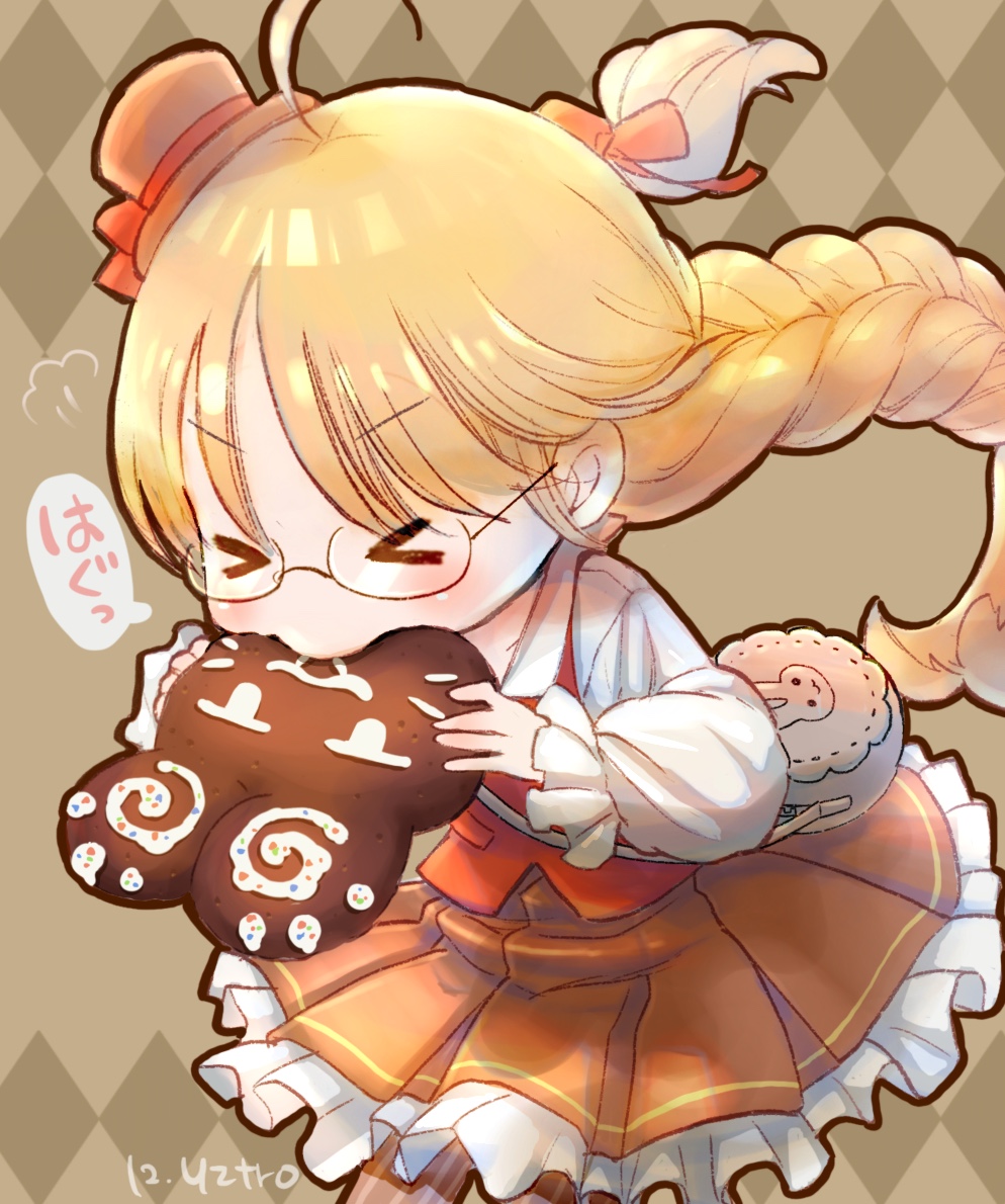 1girl ^_^ ahoge animal_print bag bangs biting blonde_hair blunt_bangs blush braid bread brown_dress bunny_print chibi closed_eyes collared_shirt cowboy_shot diamond_(shape) dress eating food happy hat holding holding_food long_hair made_in_abyss mini_hat mini_top_hat open_mouth orange_dress orange_headwear pantyhose pinafore_dress pleated_dress red_vest riko_(made_in_abyss) shirt shoulder_bag solo speech_bubble stitches striped striped_legwear top_hat toro_astro twin_braids twintails vertical-striped_legwear vertical_stripes vest white_shirt