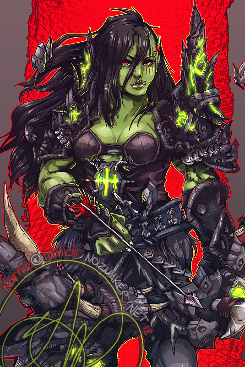 1girl armor arrow_(projectile) black_hair bow_(weapon) colored_skin commission female_orc green_skin karniz long_hair muscular muscular_female orc red_eyes scar shoulder_armor warcraft warrior weapon world_of_warcraft