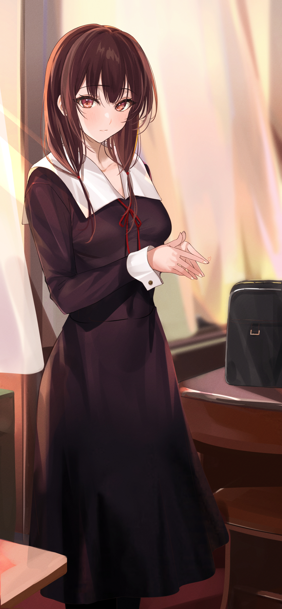 1girl bag bangs black_dress blush breasts brown_hair classroom closed_mouth commentary_request curtains day dress eyebrows_visible_through_hair feet_out_of_frame highres iino_miko indoors kaguya-sama_wa_kokurasetai_~tensai-tachi_no_renai_zunousen~ light_rays long_hair long_sleeves looking_at_viewer low_twintails medium_breasts mexif older own_hands_together red_eyes school_bag school_uniform smile solo standing sunbeam sunlight twintails window