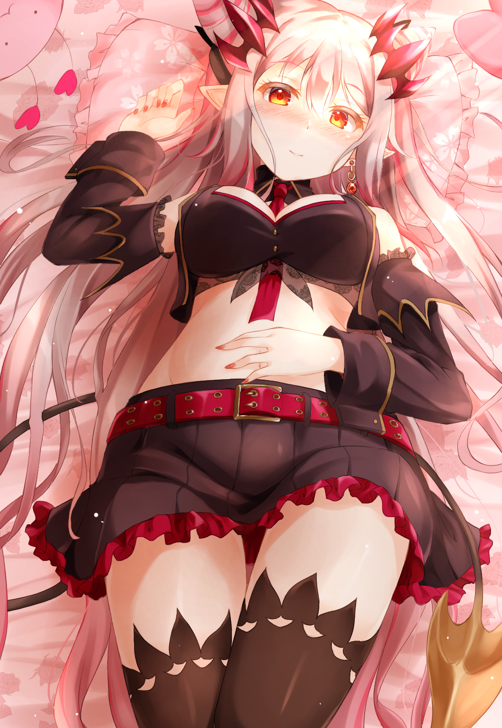 1girl bare_shoulders between_breasts black_legwear black_skirt black_sleeves blush breasts closed_mouth day demon_tail detached_sleeves earrings eyebrows_visible_through_hair fuyuno_taka gradient_hair grey_hair hair_between_eyes hair_cones hand_on_own_stomach highres honey_strap horns jacket jewelry long_hair long_sleeves looking_at_viewer lying medium_breasts multicolored_hair necktie necktie_between_breasts open_clothes open_jacket pillow pink_hair pleated_skirt pointy_ears shiny shiny_hair shiny_skin sidelocks skirt sleeveless sleeveless_jacket smile solo streaked_hair suou_patra tail thigh-highs very_long_hair virtual_youtuber zettai_ryouiki