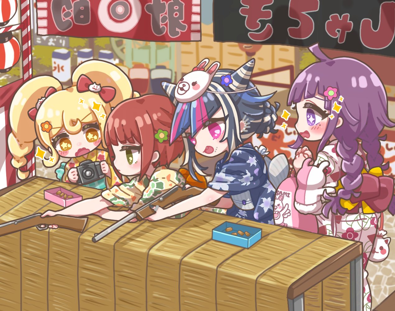 4girls ahoge alternate_costume alternate_hairstyle bangs blonde_hair blue_flower blue_hair blue_kimono blunt_bangs bow braid bullet camera cat_hair_ornament chibi commentary_request danganronpa_(series) danganronpa_2:_goodbye_despair ear_piercing fang flower green_eyes gun hair_bow hair_flower hair_horns hair_ornament holding holding_gun holding_weapon japanese_clothes kimono koizumi_mahiru long_hair long_sleeves mask mask_on_head mioda_ibuki monomi_(danganronpa) multicolored_hair multiple_girls obi open_mouth osoji_moppu_(osoujimp) outdoors piercing pink_hair red_bow redhead rifle saionji_hiyoko sash shiny shiny_hair short_hair smile sparkle translation_request tsumiki_mikan twin_braids twintails weapon white_hair