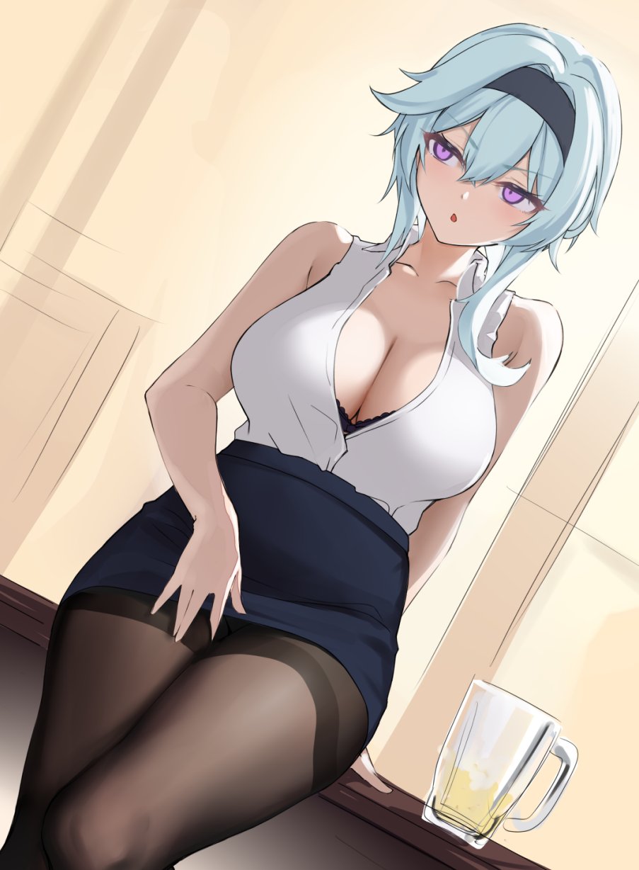 1girl arm_behind_back arm_support bangs bare_shoulders black_bra black_legwear bra bra_peek breasts collarbone collared_shirt commentary contemporary cup eula_(genshin_impact) genshin_impact hair_between_eyes hairband half-closed_eyes high-waist_skirt highres large_breasts light_blue_hair looking_to_the_side pantyhose parted_lips pencil_skirt shirt sitting skirt sleeveless sleeveless_shirt solo terebi_(shimizu1996) thick_thighs thighband_pantyhose thighs underwear unfinished v-shaped_eyebrows violet_eyes white_shirt