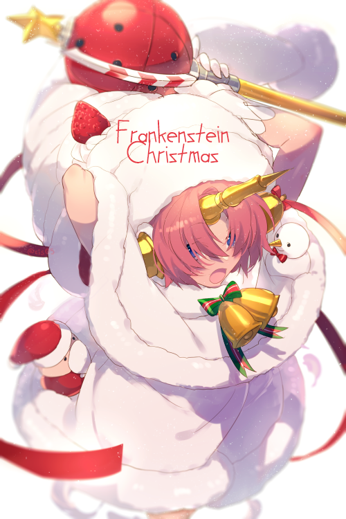 1girl bangs bell blue_eyes breasts dress echo_(circa) fate/grand_order fate/grand_order_arcade fate_(series) food frankenstein's_monster_(fate) fruit hair_over_eyes headgear horns jingle_bell large_hat mechanical_horns medium_breasts open_mouth pink_hair short_hair single_horn snowman solo staff strawberry stuffed_toy white_dress white_headwear