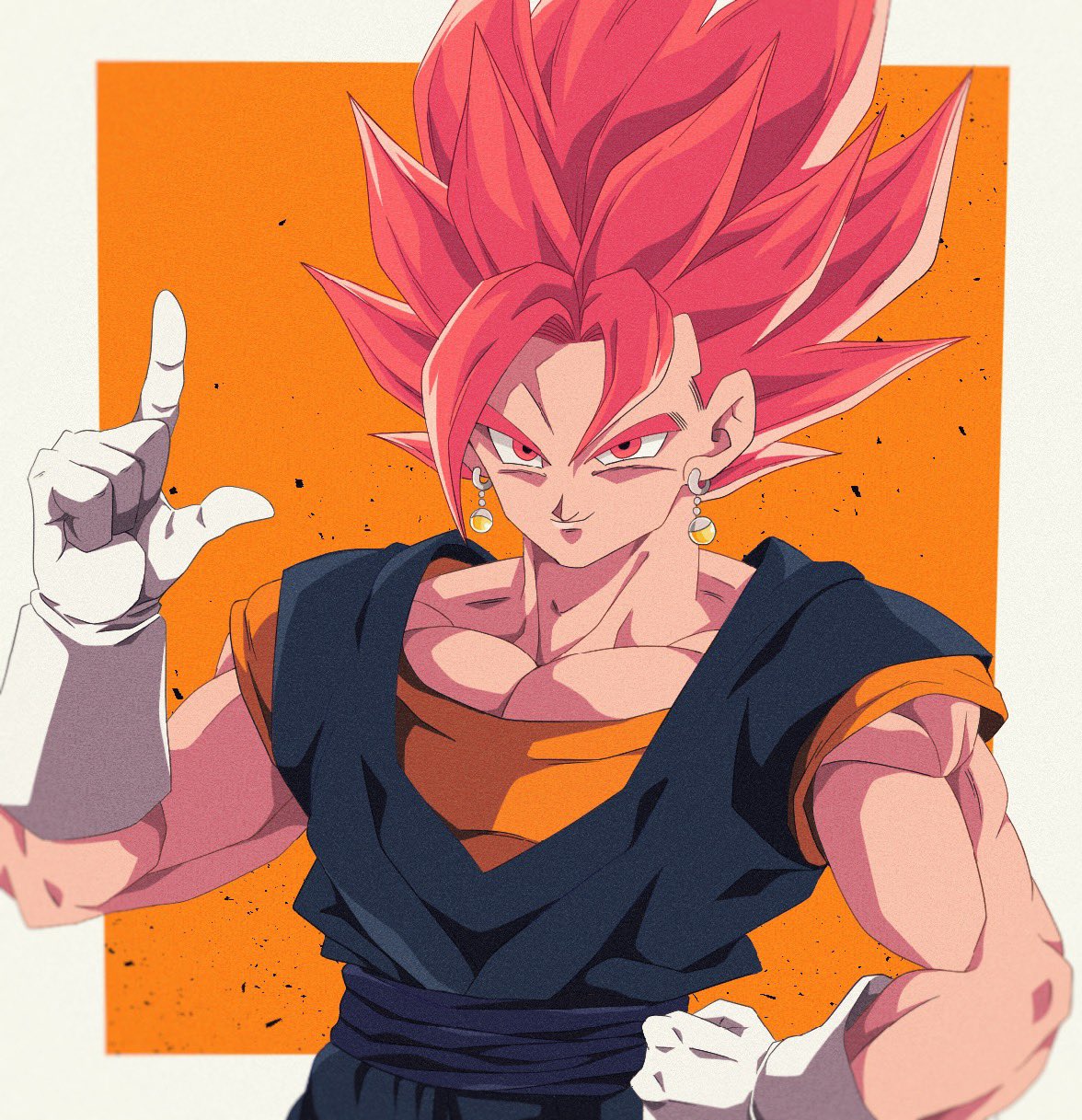 1boy biceps black_sash border bure_(fantasticyouth7) closed_mouth collarbone commentary_request dougi dragon_ball dragon_ball_super earrings gloves hair_between_eyes hand_on_own_hip hand_up highres jewelry looking_at_viewer male_focus muscular muscular_male orange_background orange_shirt outside_border pectoral_cleavage pectorals potara_earrings red_eyes redhead sash shirt short_sleeves simple_background smile smirk solo spiky_hair super_saiyan super_saiyan_god upper_body v-shaped_eyebrows vegetto white_border white_gloves