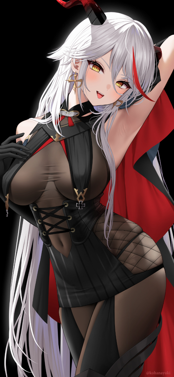 1girl :d aegir_(azur_lane) arm_behind_head arm_up armpits azur_lane black_background black_gloves black_legwear black_skirt blush bodysuit bodysuit_under_clothes breasts cape commentary_request covered_navel cowboy_shot cross elbow_gloves eyebrows_visible_through_hair fishnets garter_straps gloves hair_between_eyes head_tilt high-waist_skirt highres horns iron_cross kohanayuki large_breasts long_hair looking_at_viewer multicolored_hair open_mouth red_cape redhead silver_hair simple_background skindentation skirt smile solo streaked_hair teeth thigh-highs tongue tongue_out twitter_username two-tone_hair upper_teeth very_long_hair yellow_eyes