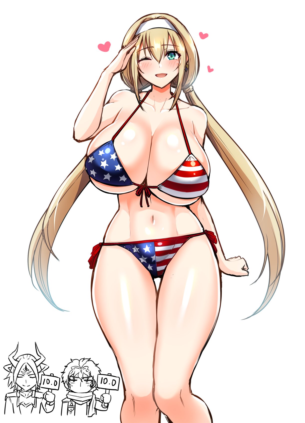 1girl american_flag american_flag_bikini bikini blonde_hair breasts caruleum_vaull edge_sainklaus flag_print green_eyes highres huge_breasts kanno_takanori long_hair low_twintails mitsuba_greyvalley print_bikini simple_background super_robot_wars super_robot_wars_30 swimsuit tied_hair twintails very_long_hair white_background