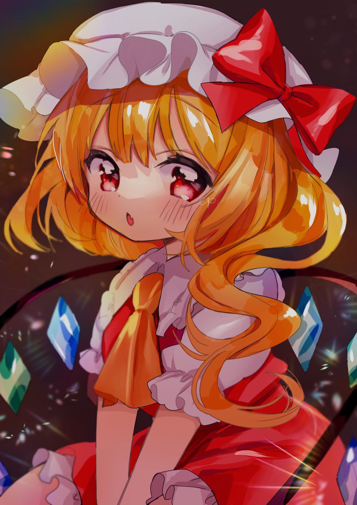 1girl ascot bangs blonde_hair blush bow breasts brown_background collar collared_shirt crystal dress eyebrows_visible_through_hair fang flandre_scarlet hair_between_eyes hat hat_bow highres jewelry looking_at_viewer medium_breasts mob_cap moni_monico multicolored_wings one_side_up open_mouth puffy_short_sleeves puffy_sleeves red_bow red_dress red_eyes seiza shirt short_hair short_sleeves simple_background sitting solo tongue touhou white_headwear white_shirt wings yellow_ascot