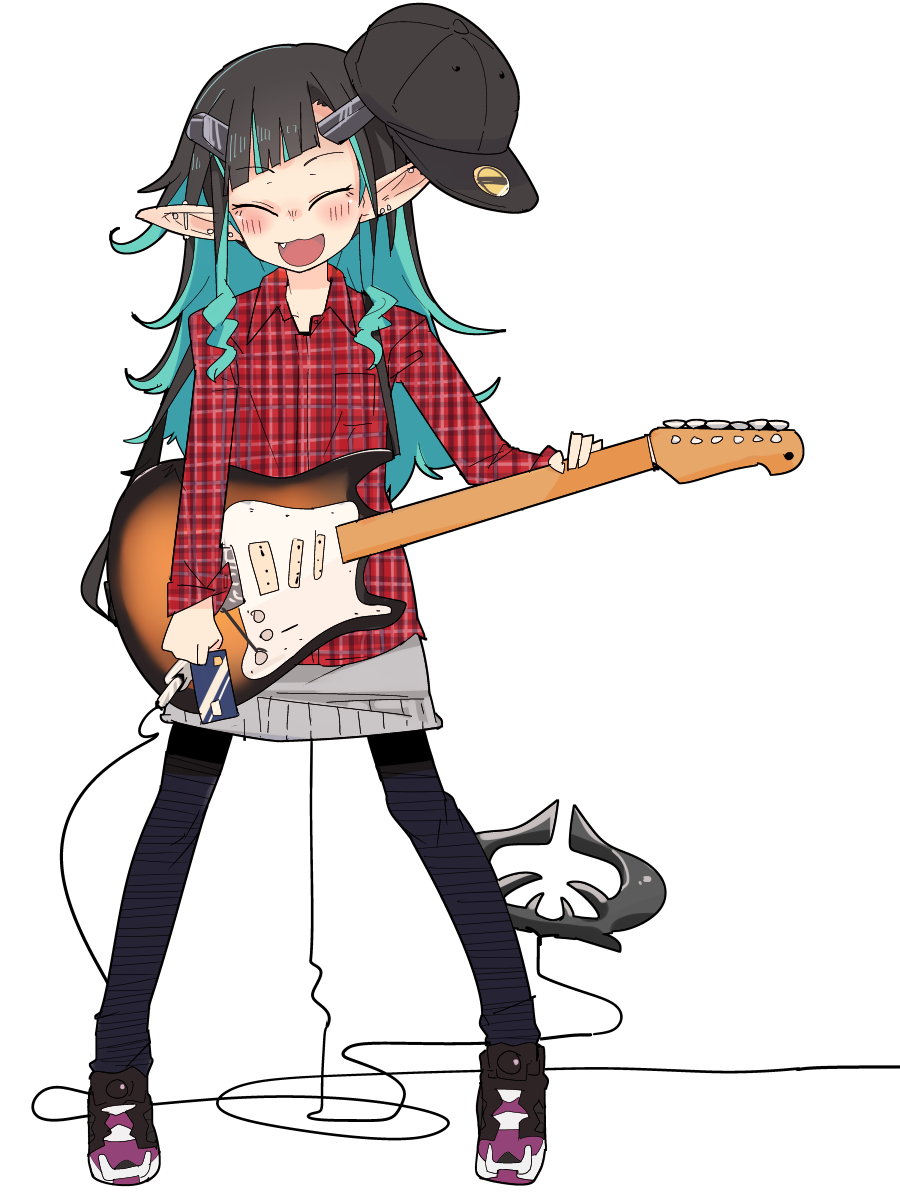 1girl alternate_costume bangs baseball_cap black_hair black_headwear black_legwear blue_hair blush breast_pocket closed_eyes collared_shirt commentary_request demon_girl demon_horns demon_tail ear_piercing electric_guitar eyebrows_visible_through_hair fang flat_chest full_body grey_skirt guitar hat highres holding holding_instrument horns instrument long_hair long_sleeves multicolored_hair open_mouth pantyhose piercing plaid plaid_shirt pocket pointy_ears purple_footwear red_shirt shirt shishio_chris shoes simple_background skirt smile sneakers solo standing sugar_lyric tail tomatojam two-tone_hair unmoving_pattern virtual_youtuber white_background