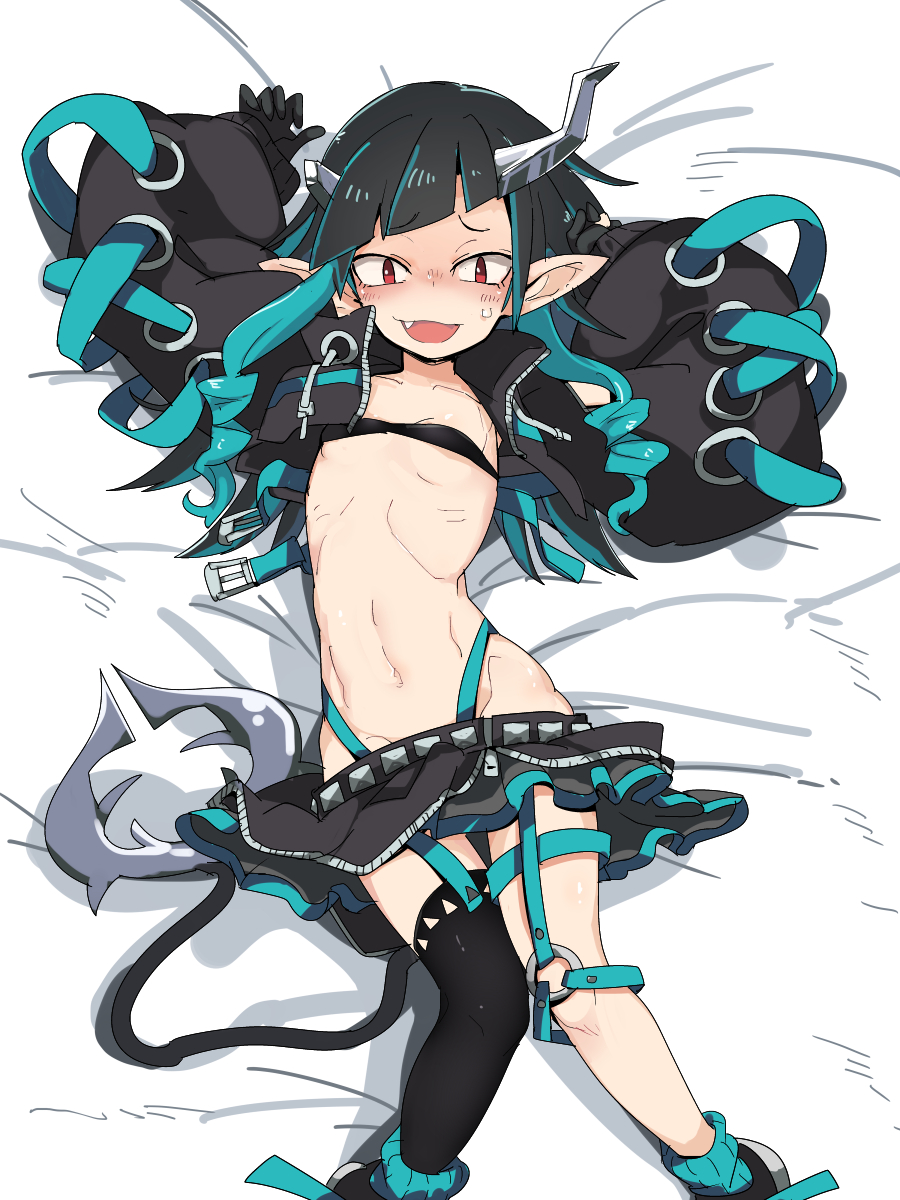 1girl bangs belt beltbra black_footwear black_gloves black_hair black_jacket black_legwear black_skirt blue_belt blue_hair blue_legwear blush clothing_cutout commentary_request cropped_jacket cross-laced_sleeves demon_girl demon_horns demon_tail fang flat_chest full_body garter_straps gloves grey_skirt highres horns jacket layered_skirt long_hair long_sleeves looking_at_viewer midriff multicolored_hair navel open_clothes open_jacket open_mouth pointy_ears red_eyes shishio_chris shoes shoulder_cutout single_thighhigh skirt sneakers socks solo sugar_lyric tail thigh-highs tomatojam two-tone_hair virtual_youtuber zipper_skirt