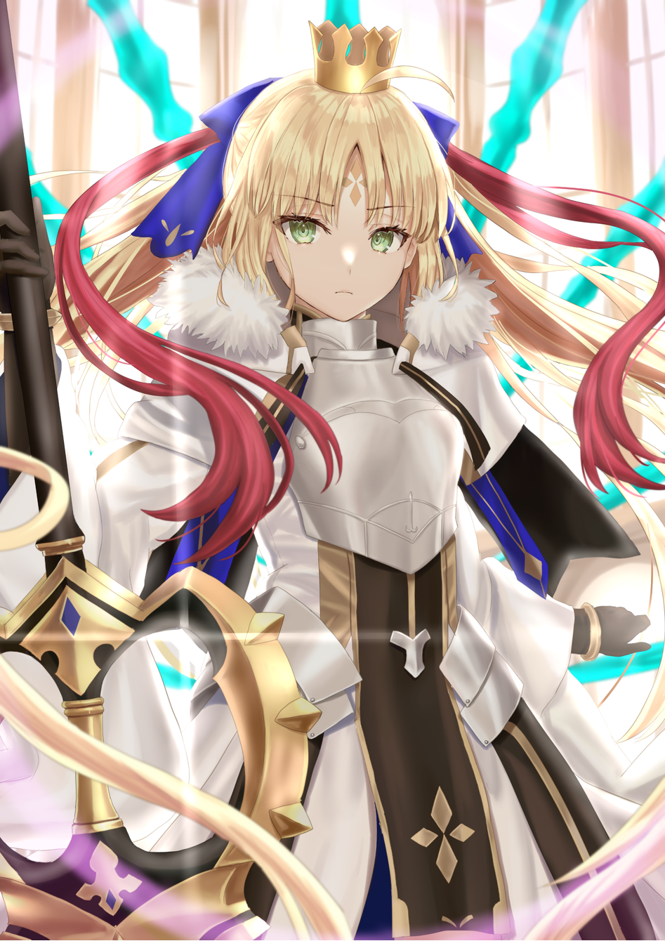 1girl ahoge armor armored_dress artoria_pendragon_(caster)_(fate) artoria_pendragon_(fate) bangs black_gloves blonde_hair blue_ribbon blush breastplate breasts capelet crown dress facial_mark fate/grand_order fate_(series) faulds forehead_mark fur-trimmed_capelet fur_trim gloves green_eyes hair_ribbon highres long_hair long_sleeves looking_at_viewer marmyadose_(fate) ribbon sakurasakimasu4 small_breasts solo twintails weapon white_capelet white_dress