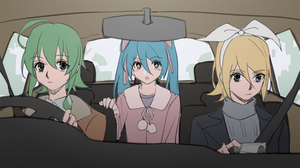 3girls :o aqua_eyes aqua_hair black_jacket blonde_hair blue_eyes bow brown_jacket car_interior commentary driving expressionless green_eyes green_hair grey_sweater gumi hair_bow hatsune_miku holding holding_phone jacket kagamine_rin long_hair looking_at_phone mirror multiple_girls open_mouth phone pink_jacket seatbelt short_hair sitting sparkling_eyes steering_wheel sweater symbol-only_commentary turtleneck turtleneck_sweater twintails vocaloid white_bow wounds404