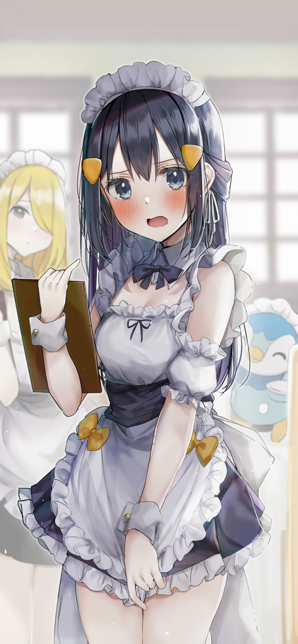 2girls apron bangs bare_shoulders black_dress black_eyes black_hair blurry blurry_background blush breasts character_request cynthia_(pokemon) detached_sleeves dress frilled_dress frills hair_ornament hair_over_one_eye hand_up highres hikari_(pokemon) holding indoors long_hair looking_at_viewer maid maid_headdress multiple_girls open_mouth piplup pokemon puffy_short_sleeves puffy_sleeves rouka_(akatyann) shiny shiny_hair short_dress short_sleeves small_breasts wrist_cuffs