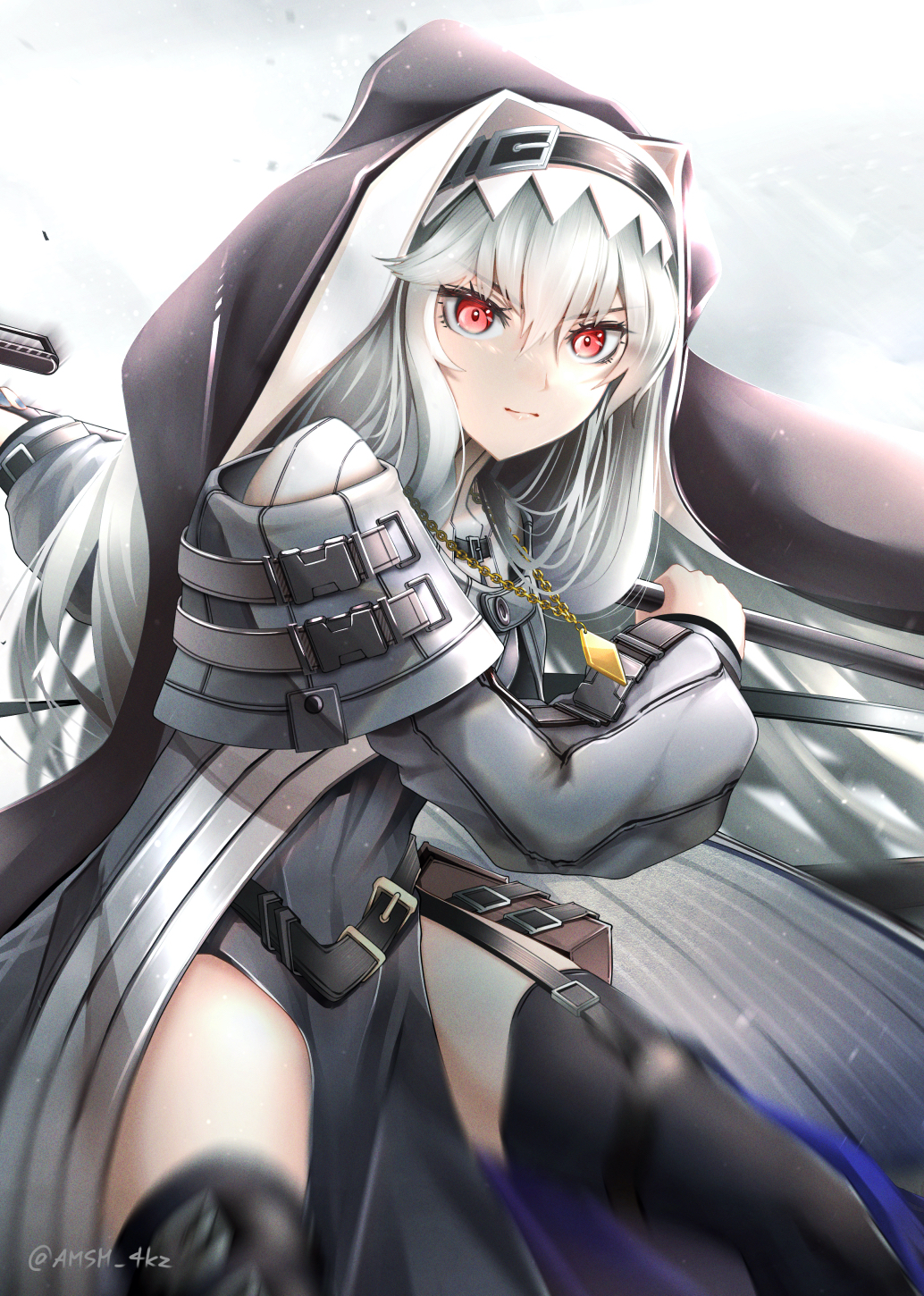 1girl arknights bangs black_dress black_legwear buckle closed_mouth cowboy_shot dress garter_straps habit hair_between_eyes highres holding holding_weapon jewelry long_hair long_sleeves looking_at_viewer necklace nun off-shoulder_dress off_shoulder pelvic_curtain red_eyes serious silver_hair solo specter_(arknights) thigh-highs twitter_username very_long_hair weapon yokaze_(yokajie)