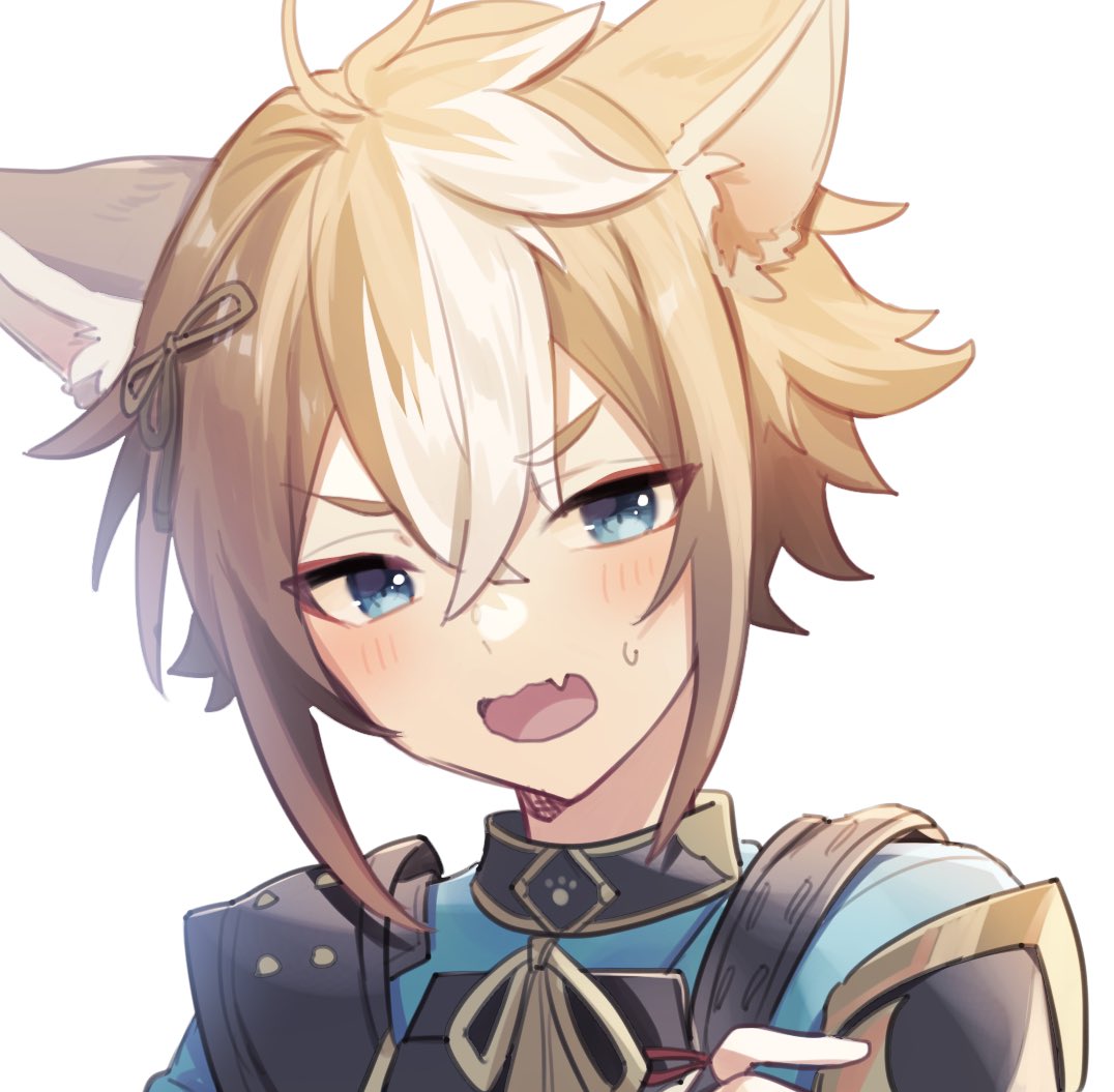 1boy animal_ears armor bangs blue_eyes blush brown_hair dog_boy dog_ears fang genshin_impact gorou_(genshin_impact) hair_between_eyes hair_ornament japanese_armor japanese_clothes male_focus multicolored_hair open_mouth paw_print portrait shirase_(shirose) simple_background skin_fang solo streaked_hair white_hair