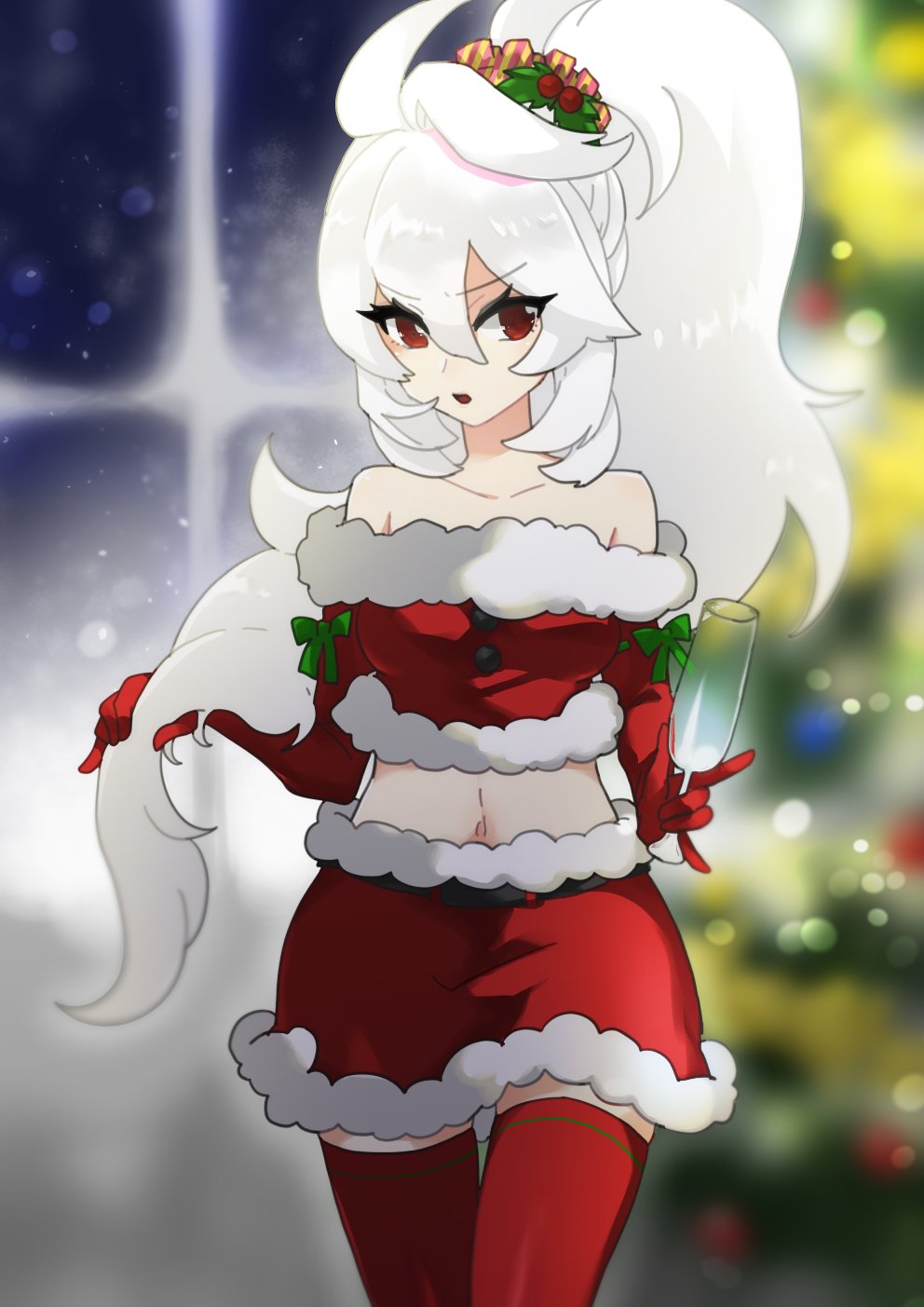1girl bare_shoulders breasts christmas christmas_tree emperors_saga gloves hair_ornament highres holding long_hair looking_at_viewer maka_(saga) makasama_fc navel open_mouth red_eyes red_gloves skirt solo thigh-highs white_hair