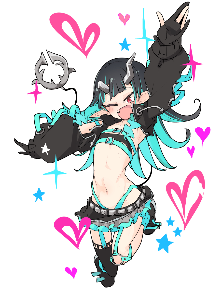 1girl :d arm_up bangs belt beltbra black_footwear black_gloves black_hair black_jacket black_legwear black_skirt blue_belt blue_hair blue_legwear blue_panties blush chest_belt clothing_cutout commentary_request cropped_jacket cross-laced_sleeves demon_girl demon_horns demon_tail eyebrows_visible_through_hair fang flat_chest full_body garter_straps gloves grey_skirt heart highleg highleg_panties highres horns jacket layered_skirt long_hair long_sleeves looking_at_viewer midriff multicolored_hair navel one_eye_closed open_clothes open_jacket open_mouth panties partially_fingerless_gloves pointy_ears red_eyes shishio_chris shoes shoulder_cutout simple_background single_thighhigh skirt smile sneakers socks solo sugar_lyric tail thigh-highs tomatojam two-tone_hair underwear virtual_youtuber white_background zipper_skirt
