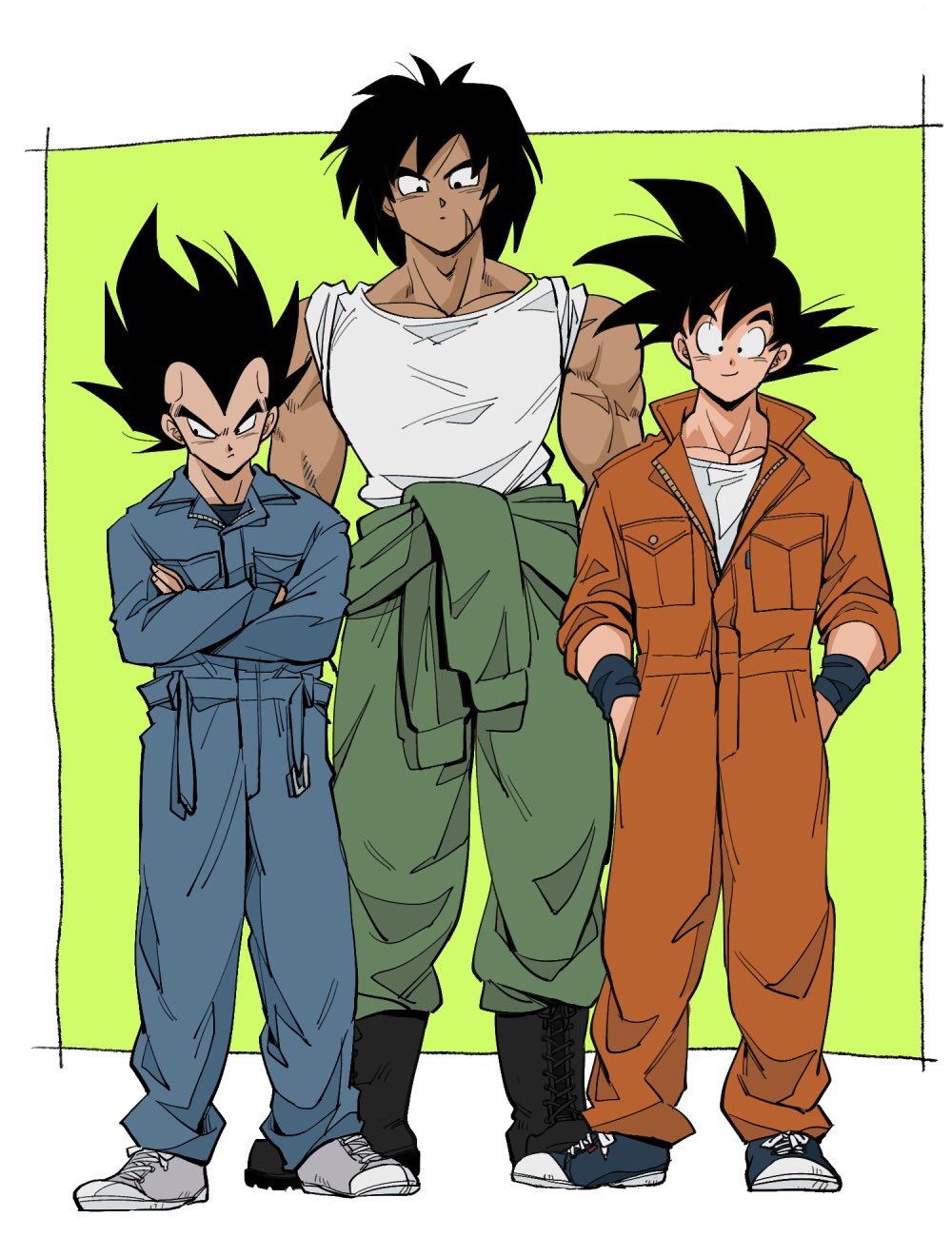 3boys alternate_costume ankle_boots arms_at_sides belt belt_buckle black_eyes black_footwear black_hair blue_belt blue_footwear blue_jumpsuit blue_wristband boots border broly_(dragon_ball_super) buckle clothes_around_waist cross-laced_footwear crossed_arms dark-skinned_male dark_skin dragon_ball dragon_ball_super dragon_ball_super_broly dragon_ball_z expressionless full_body green_background green_jacket green_jumpsuit grey_footwear hands_in_pockets height_difference highres jacket jacket_around_waist jumpsuit kz_(dbz_kz) lineup looking_at_viewer male_focus medium_hair messy_hair multiple_boys muscular muscular_male open_belt orange_jumpsuit partially_unzipped pectorals scar scar_on_arm scar_on_face serious shirt shoes sideways_glance simple_background sleeves_rolled_up smile sneakers son_goku spiky_hair standing undershirt vegeta white_border white_shirt wristband zipper