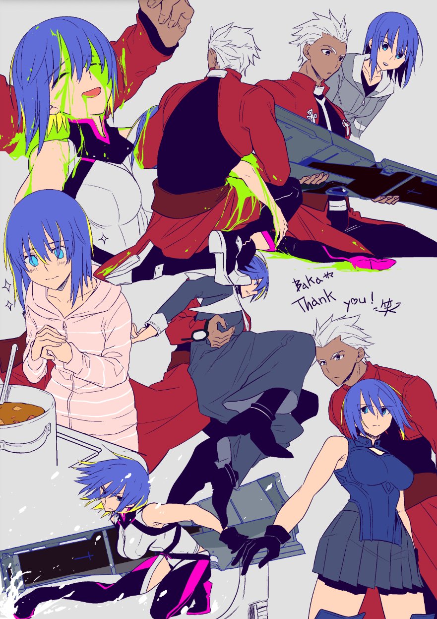 1boy 1girl archer_(fate) armor bangs bare_arms black_gloves bleeding blood blood_on_face blue_eyes blue_hair boots ciel_(tsukihime) commission curry dark-skinned_male dark_skin dress eyebrows_visible_through_hair fate/stay_night fate_(series) food gloves grey_background gun highres holding holding_gun holding_weapon jacket line_dot nun seventh_holy_scripture simple_background skirt sleeveless sleeveless_dress smile sparkle spiky_hair tsukihime tsukihime_(remake) weapon white_hair