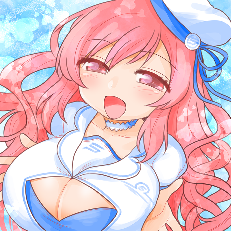 1girl :d bemani blush breasts center_opening choker collarbone eyebrows_visible_through_hair hat heart large_breasts mini_hat open_mouth pink_eyes pink_hair rasis sate_hatena smile solo sound_voltex upper_body white_choker white_headwear