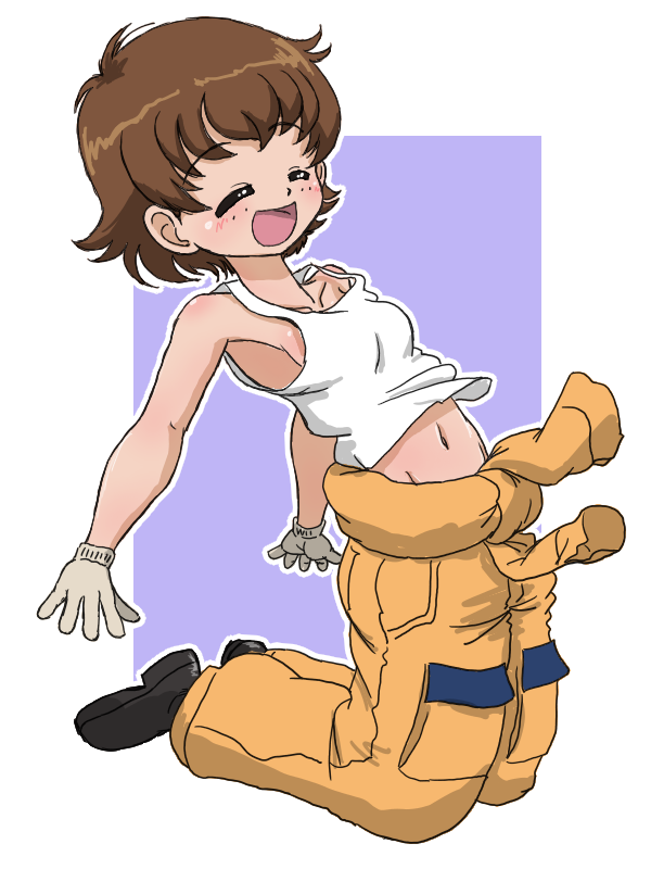 1girl :d bangs black_footwear blue_background breasts brown_eyes brown_hair closed_eyes clothes_around_waist commentary freckles girls_und_panzer gloves jumpsuit kneeling leaning_back mechanic navel open_mouth orange_jumpsuit outline outstretched_arms shirt shoes short_hair small_breasts smile solo spread_arms takahashi_kurage tank_top tsuchiya_(girls_und_panzer) uniform white_gloves white_outline white_shirt