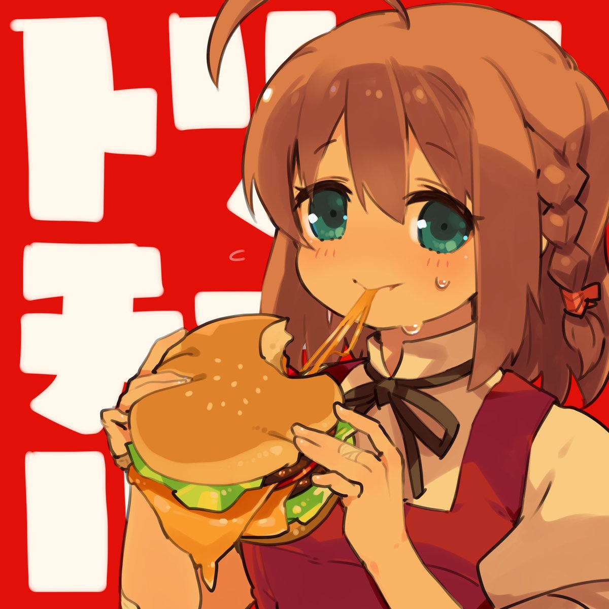 1girl blue_eyes braid brown_hair burger eating food highres holding holding_food itaike_na_kanojo looking_at_viewer mota nanase_honoka side_braid solo