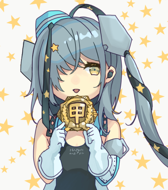 1girl aqua_headwear black_ribbon black_swimsuit commentary_request garrison_cap gloves grey_eyes grey_hair hair_ornament hair_over_one_eye hair_ribbon hat holding kantai_collection long_hair looking_at_viewer medal mitsuyo_(mituyo324) ribbon scamp_(kancolle) side_ponytail solo star_(symbol) star_hair_ornament starry_background swimsuit white_background white_gloves