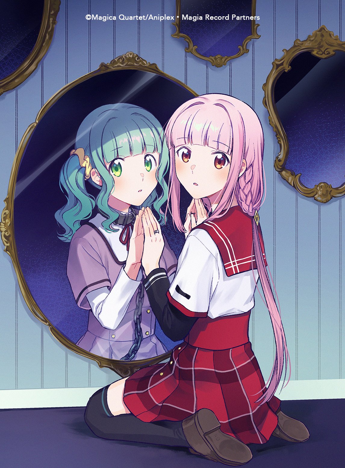 2girls aniplex bangs belt belt_buckle belt_collar black_belt black_legwear blunt_bangs braid brown_footwear buckle chain collar commentary_request different_reflection eyebrows_visible_through_hair floor fuji_fujino full_body futaba_sana green_eyes green_hair hair_ornament hair_scrunchie hand_on_glass hands_up high-waist_skirt high_collar highres jewelry kamihama_university_affiliated_school_uniform layered_sleeves light_blush loafers long_hair long_sleeves looking_at_viewer looking_back low_braid magia_record:_mahou_shoujo_madoka_magica_gaiden mahou_shoujo_madoka_magica mirror mizuna_girls'_academy_uniform multiple_girls neck_ribbon official_art parted_bangs pink_hair plaid plaid_skirt pleated_skirt purple_shirt purple_skirt red_ribbon red_sailor_collar red_skirt reflection restrained ribbon ring sailor_collar school_uniform scrunchie shadow shirt shoe_soles shoes short_over_long_sleeves short_sleeves sidelocks sitting skirt straight_hair tamaki_iroha thigh-highs twintails very_long_hair wall wallpaper_(object) wavy_hair white_shirt wide-eyed yellow_scrunchie zettai_ryouiki