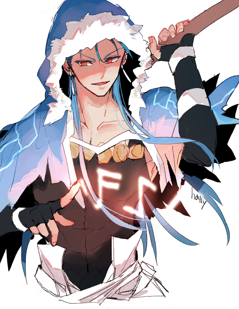 1boy blue_hair capelet covered_abs covered_navel cropped_torso cu_chulainn_(caster)_(fate) cu_chulainn_(fate) earrings fate/grand_order fate_(series) fire fur-trimmed_hood fur_trim hally hood hood_up hooded_capelet jewelry long_hair male_focus open_mouth pectoral_cleavage pectorals ponytail pyrokinesis red_eyes solo