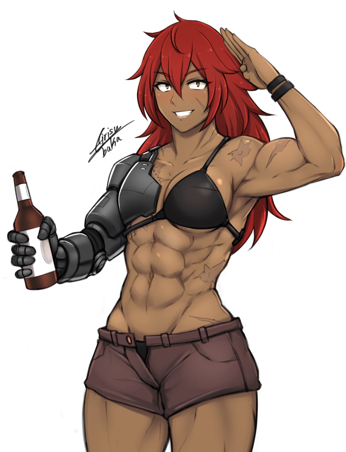 1girl abs airisubaka alcohol beer_bottle bikini black_bikini bracelet brown_eyes brown_shorts commentary cowboy_shot english_commentary highres holding jewelry long_hair looking_at_viewer mechanical_arms muscular muscular_female open_fly original prosthesis prosthetic_arm redhead salute scar scar_on_arm scar_on_face scar_on_stomach shorts signature simple_background single_mechanical_arm smile solo swimsuit white_background