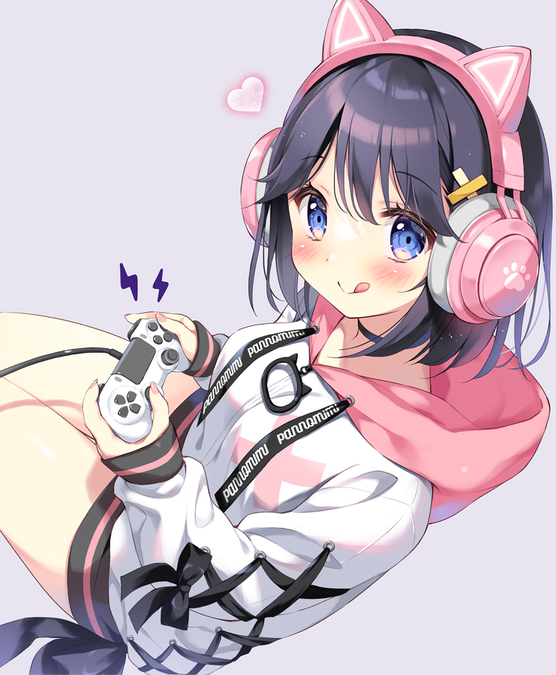1girl :q animal_ears bangs black_hair blue_eyes blush breasts cat_ear_headphones closed_mouth commentary_request controller eyebrows_visible_through_hair fake_animal_ears from_side game_controller grey_background hair_between_eyes hair_ornament hairclip headphones heart hood hood_down hoodie lightning_bolt_symbol long_sleeves looking_at_viewer looking_to_the_side medium_breasts nail_polish original pan_(mimi) pink_nails puffy_long_sleeves puffy_sleeves simple_background sitting sleeves_past_wrists smile solo tongue tongue_out white_hoodie x_hair_ornament