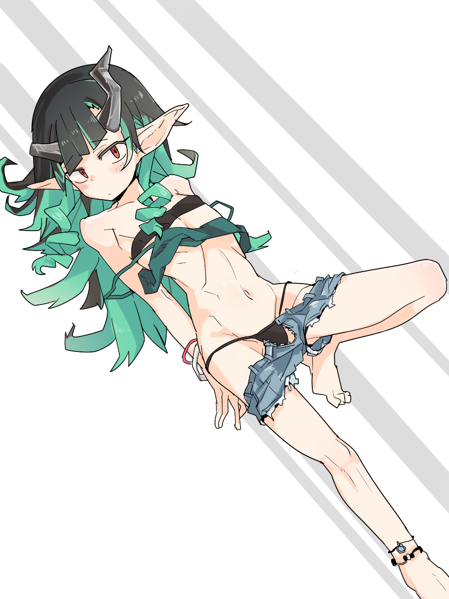 1girl bangs beltbra black_hair black_legwear blue_hair blue_shorts blush camisole closed_mouth clothes_pull commentary_request crop_top demon_girl demon_horns eyebrows_visible_through_hair flat_chest full_body green_camisole highres horns long_hair looking_at_viewer multicolored_hair pointy_ears red_eyes shishio_chris short_shorts shorts shorts_pull solo sugar_lyric tomatojam two-tone_hair virtual_youtuber white_background wristband