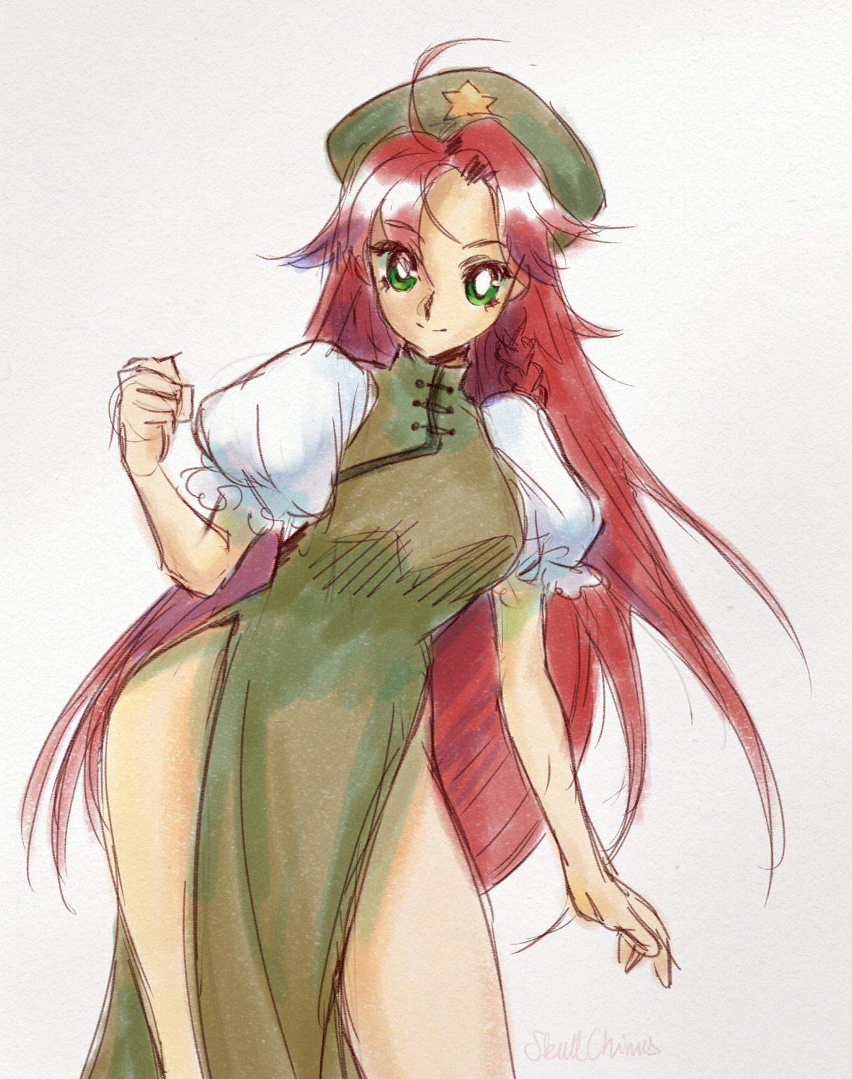 1girl artist_name bangs bare_legs beret braid breasts bright_pupils china_dress chinese_clothes clenched_hand closed_mouth dress eyebrows_visible_through_hair eyelashes eyes_visible_through_hair green_dress green_eyes green_headwear hat hat_ornament highres hong_meiling large_breasts long_hair looking_at_viewer parted_bangs pelvic_curtain puffy_short_sleeves puffy_sleeves redhead short_sleeves side_braid skullchimes sleeveless sleeveless_dress smile solo standing star_(symbol) star_hat_ornament thighs touhou white_background white_pupils white_sleeves