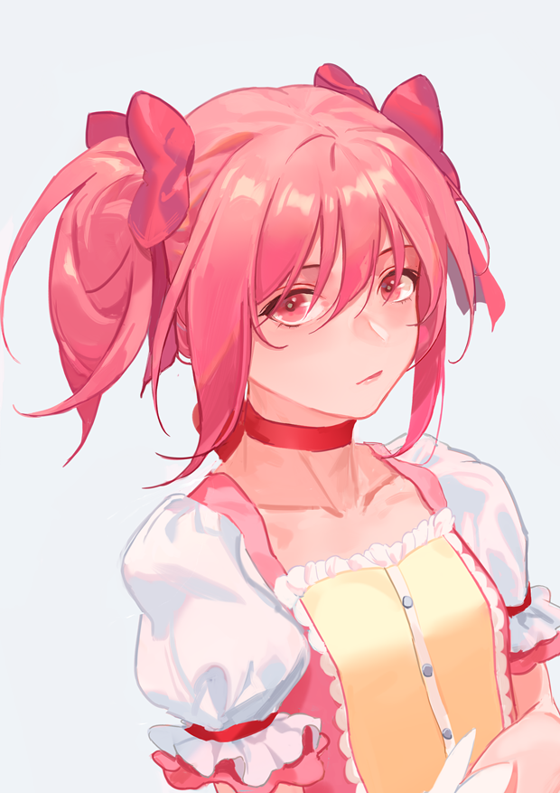 1girl asagami_(hnt16303310) bow choker closed_mouth hair_bow kaname_madoka looking_at_viewer magical_girl mahou_shoujo_madoka_magica pink_bow pink_eyes pink_hair puffy_short_sleeves puffy_sleeves red_choker ribbon_choker short_hair short_sleeves short_twintails simple_background solo twintails upper_body white_background