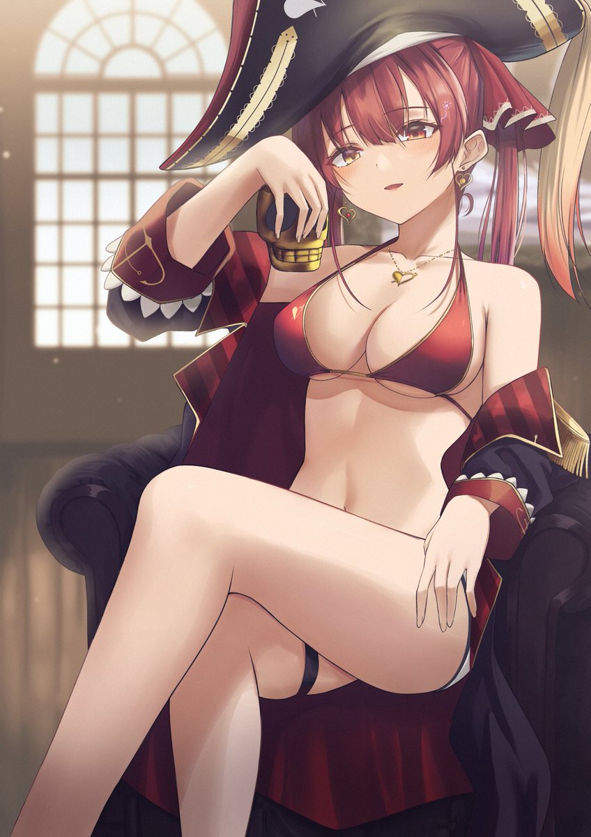1girl bangs bare_shoulders bikini black_coat breasts coat commentary_request earrings eyebrows_visible_through_hair feet_out_of_frame hair_between_eyes hair_ribbon halter_top halterneck hat heart heart_earrings highres holding holding_skull hololive houshou_marine jewelry large_breasts long_hair long_sleeves looking_at_viewer off_shoulder parted_lips pirate_hat red_bikini red_eyes redhead ribbon sitting skull solo swimsuit thigh_strap twintails virtual_youtuber yamikyon yellow_eyes