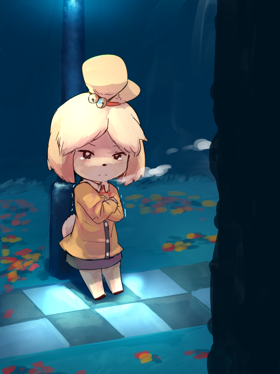 1girl animal_crossing animal_ears animal_nose bell blonde_hair breath cardigan checkered checkered_floor cold commentary_request dark dog_ears dog_girl dog_tail frown furry furry_female green_skirt hair_bell hair_ornament highres isabelle_(animal_crossing) jingle_bell lamppost leaf long_sleeves looking_at_viewer miniskirt night outdoors pencil_skirt samidare_(hoshi) shirt short_hair skirt solo split_mouth standing tail tears tied_hair tile_floor tiles topknot trembling white_shirt yellow_cardigan