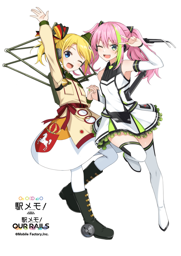 2girls ;d arm_up bare_shoulders black_footwear blonde_hair blue_eyes blush boots breasts bridal_gauntlets brown_jacket commentary_request copyright_name dress fang frilled_dress frills green_eyes green_hair jacket komori_kuzuyu long_hair multicolored_hair multiple_girls official_art one_eye_closed pantyhose pink_hair simple_background skirt sleeveless sleeveless_dress small_breasts smile standing standing_on_one_leg station_memories streaked_hair thigh-highs thigh_boots twintails v watermark white_background white_dress white_footwear white_legwear white_skirt